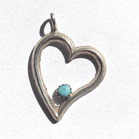 Jewelry - Sterling Sand Cast Heart W/Turquoise Pendant